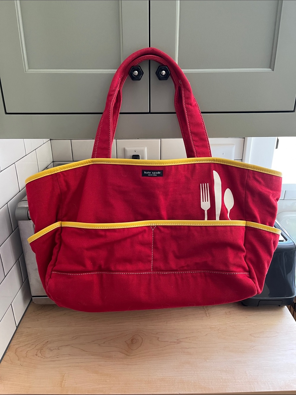 Kate Spade Vintage Red Canvas Tote with Yellow Trim and Cutlery Detail